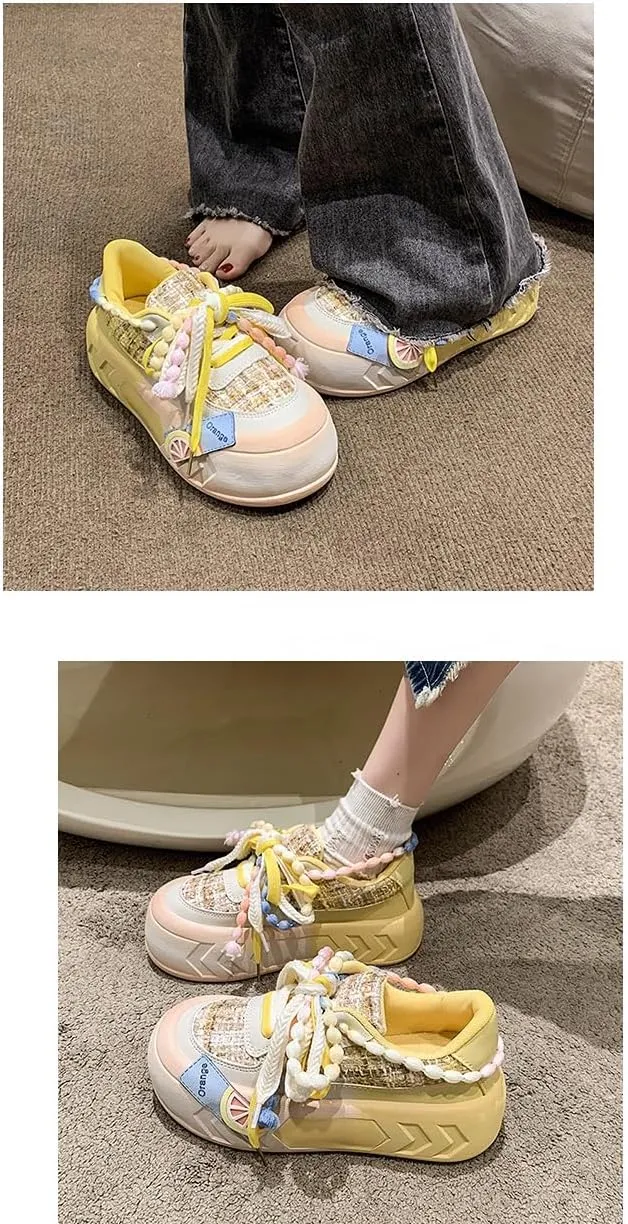 Women Kawaii Shoes Y2k Shoes Walking Sneakers Women Platform Chunky Cute Linen Thick Roundhead Rave Shoes Travel