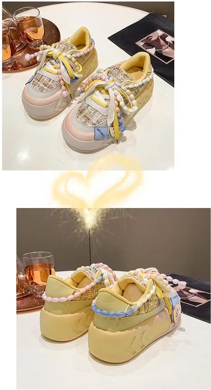 Women Kawaii Shoes Y2k Shoes Walking Sneakers Women Platform Chunky Cute Linen Thick Roundhead Rave Shoes Travel