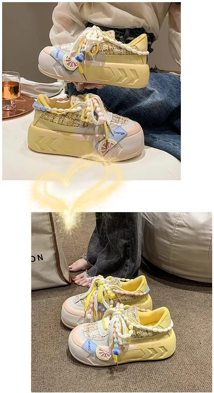 Women Kawaii Shoes Y2k Shoes Walking Sneakers Women Platform Chunky Cute Linen Thick Roundhead Rave Shoes Travel