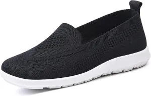 Women Knitted Mesh Slip-on Walking Shoes,Lightweight Arch Support Sneakers Flat Loafers Nurse Shoes