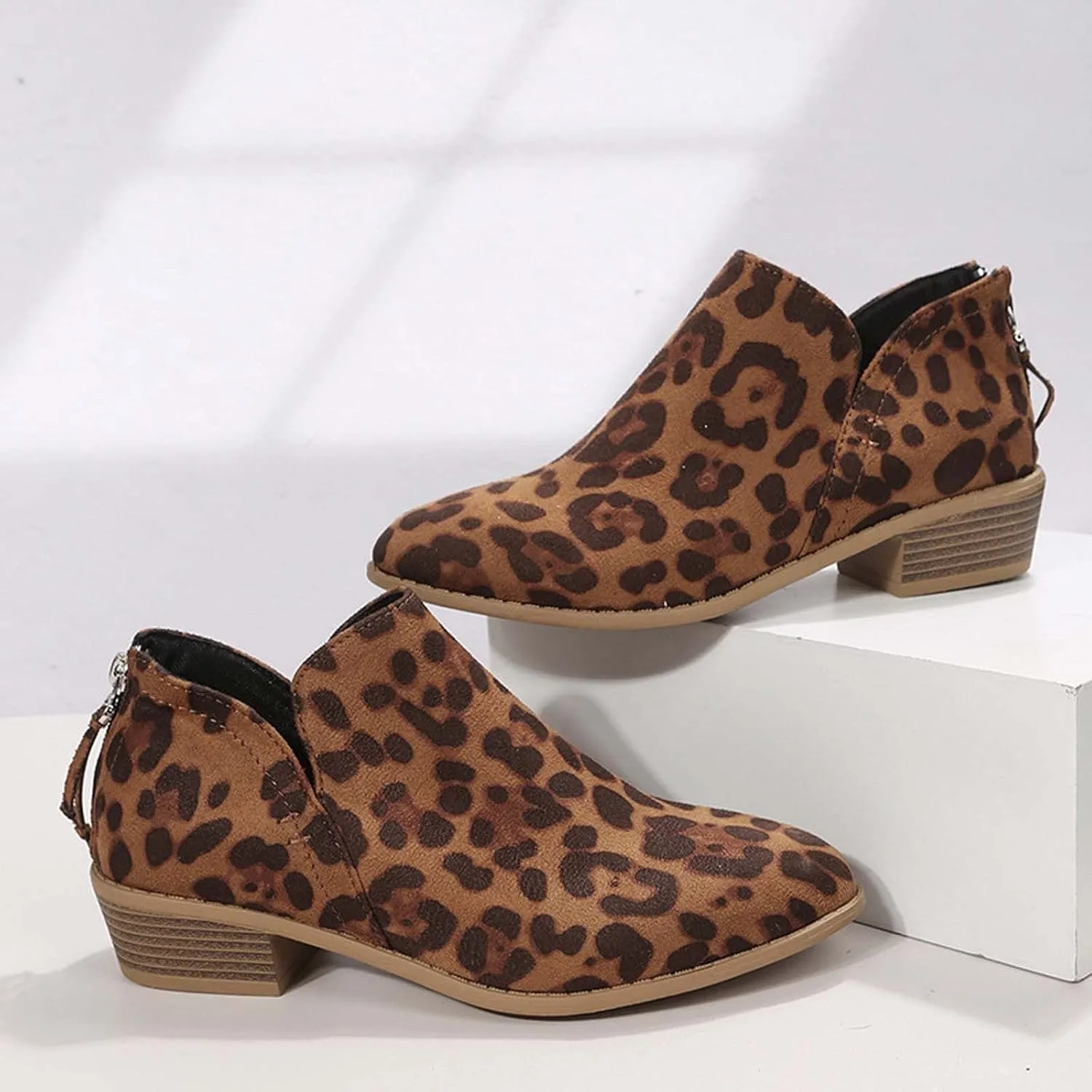 Women Pointed Toe Ankle Boots 2022 Fall Fashion Casual Back Zipper V Cutout Block Chunky Mid Heel Booties Solid Comfy Slip on Ladies Shoes