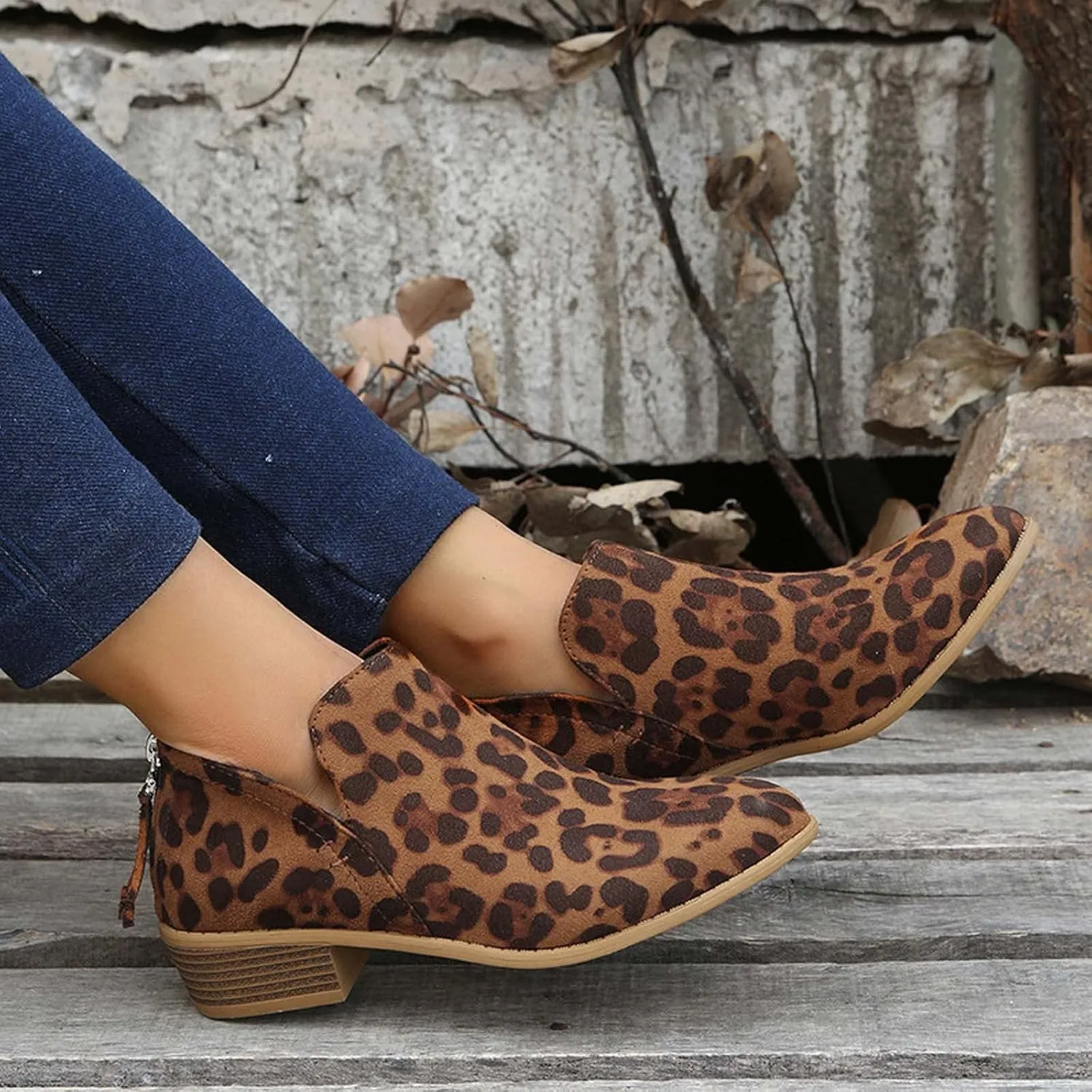 Women Pointed Toe Ankle Boots 2022 Fall Fashion Casual Back Zipper V Cutout Block Chunky Mid Heel Booties Solid Comfy Slip on Ladies Shoes