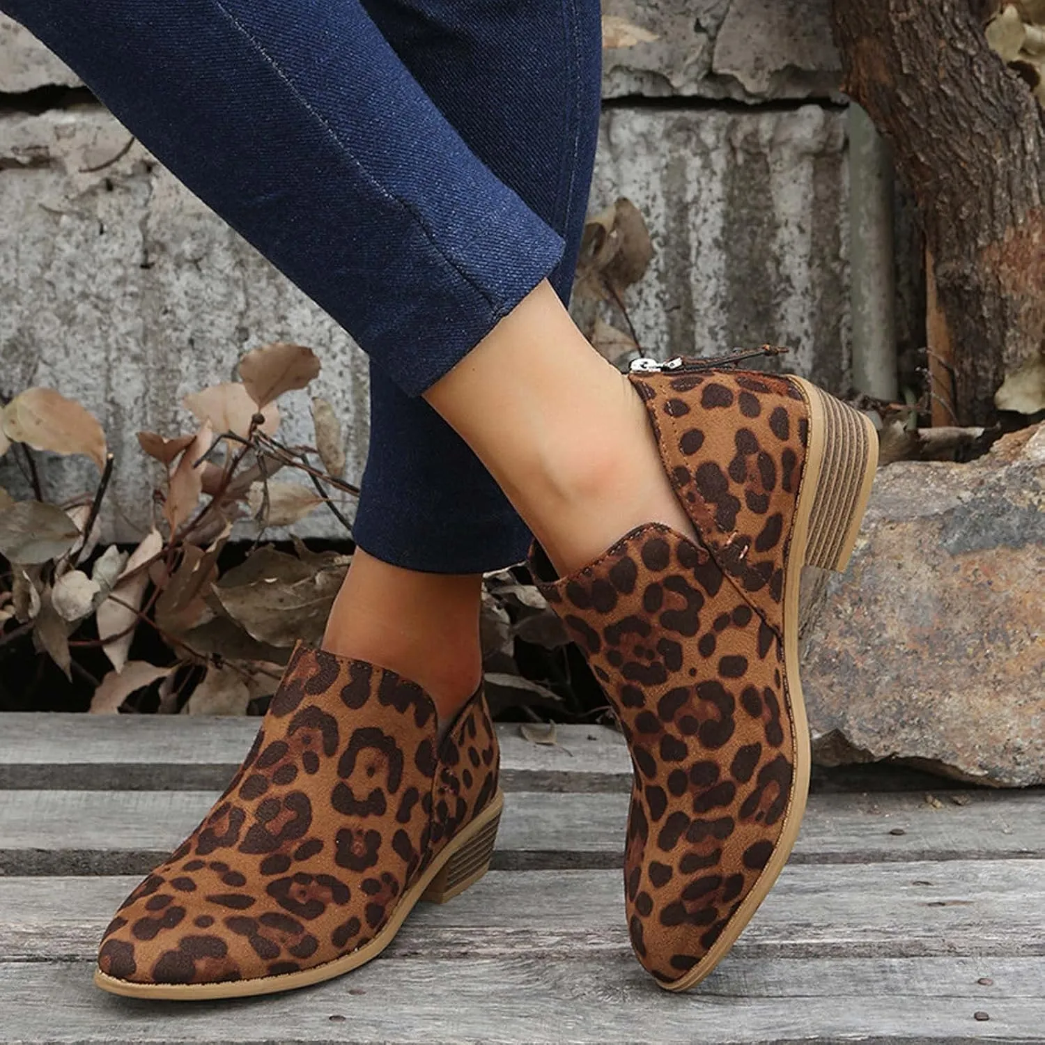 Women Pointed Toe Ankle Boots 2022 Fall Fashion Casual Back Zipper V Cutout Block Chunky Mid Heel Booties Solid Comfy Slip on Ladies Shoes