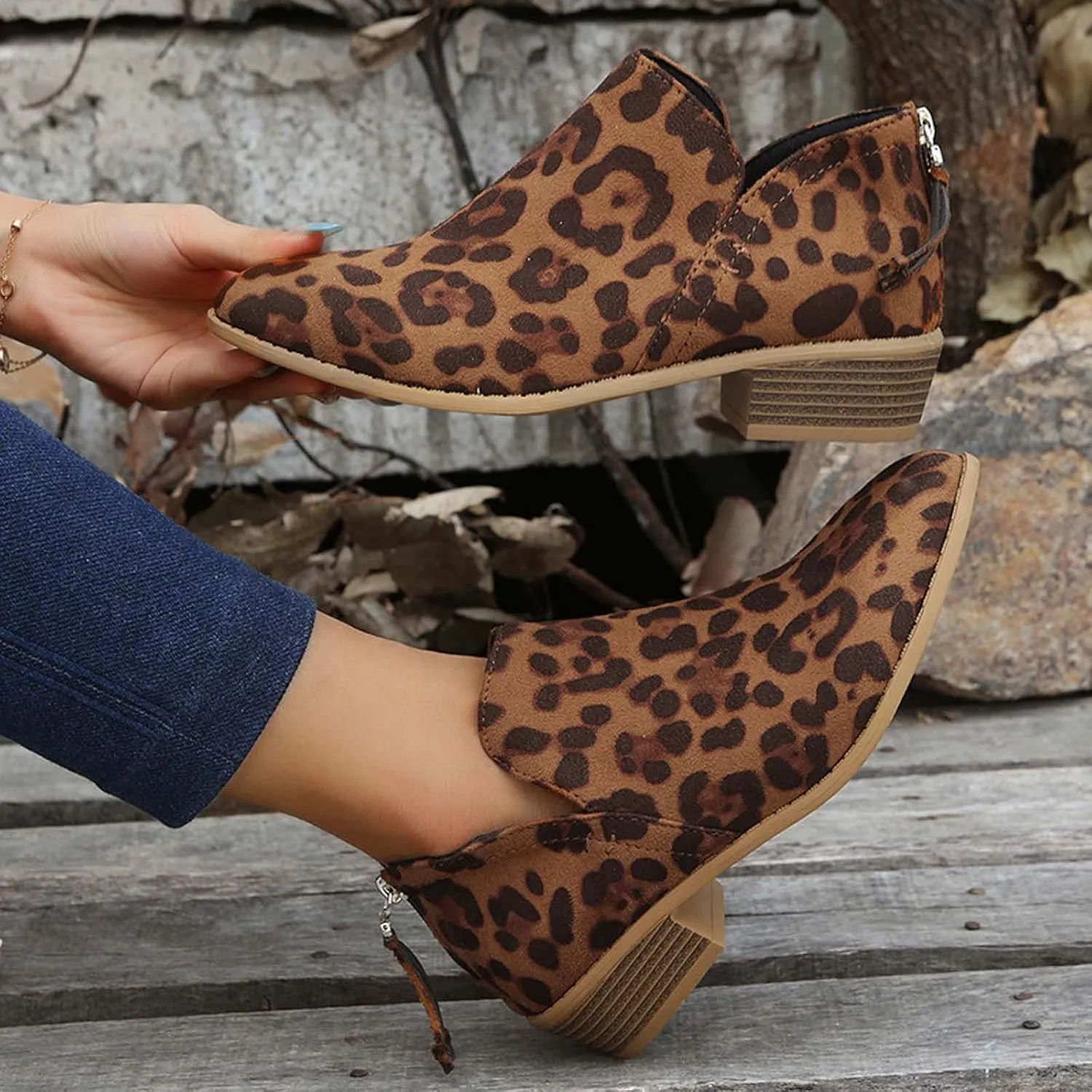 Women Pointed Toe Ankle Boots 2022 Fall Fashion Casual Back Zipper V Cutout Block Chunky Mid Heel Booties Solid Comfy Slip on Ladies Shoes