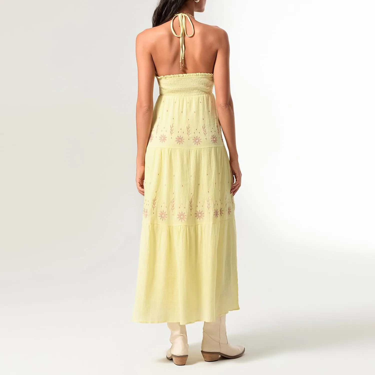 Women Sexy Tie-Up Halter Neck Dress Flower Embroidery Backless Flowy Boho Maxi Dress Tiered Summer Sundress