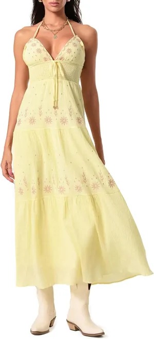 Women Sexy Tie-Up Halter Neck Dress Flower Embroidery Backless Flowy Boho Maxi Dress Tiered Summer Sundress