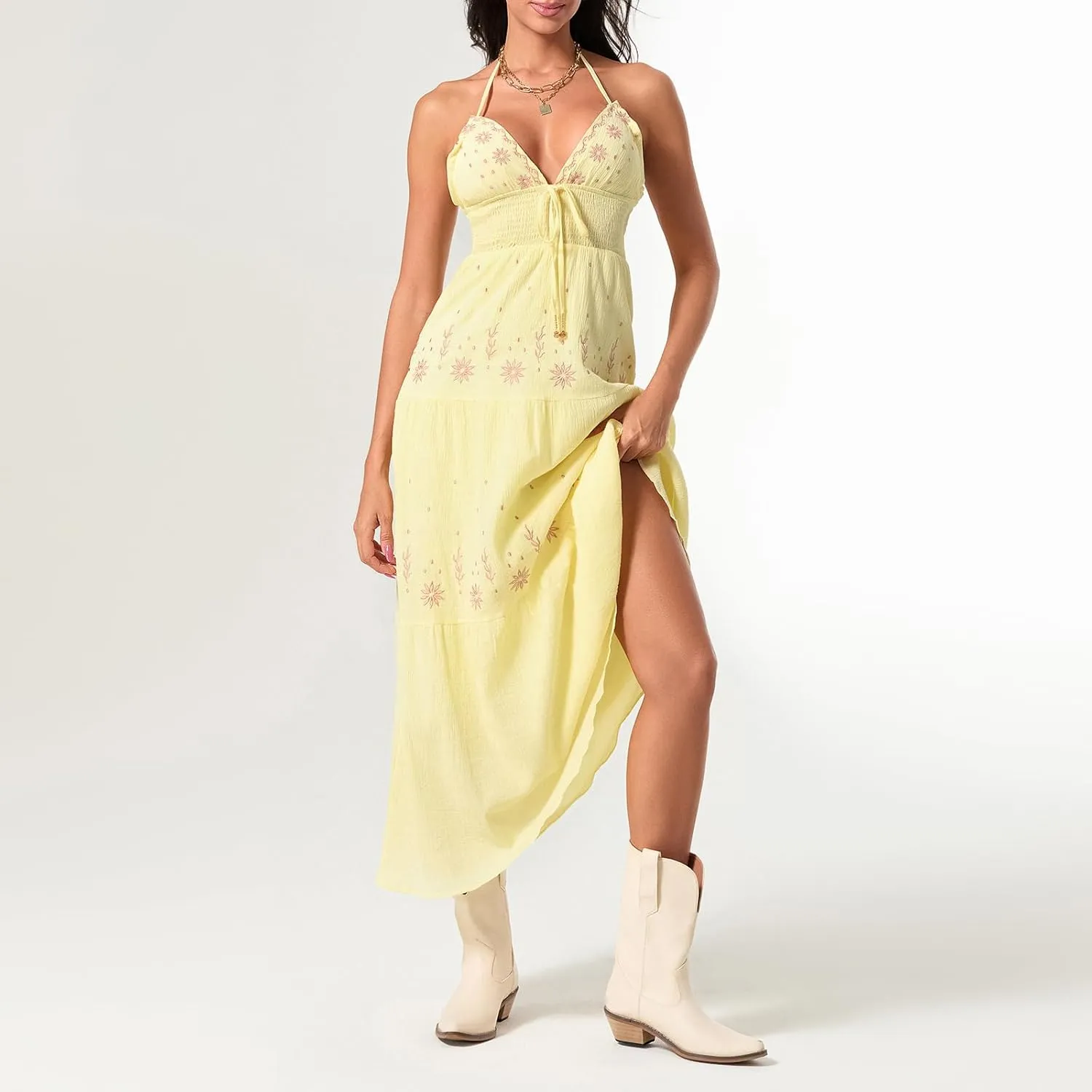 Women Sexy Tie-Up Halter Neck Dress Flower Embroidery Backless Flowy Boho Maxi Dress Tiered Summer Sundress