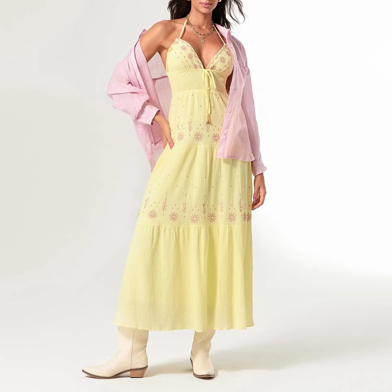 Women Sexy Tie-Up Halter Neck Dress Flower Embroidery Backless Flowy Boho Maxi Dress Tiered Summer Sundress