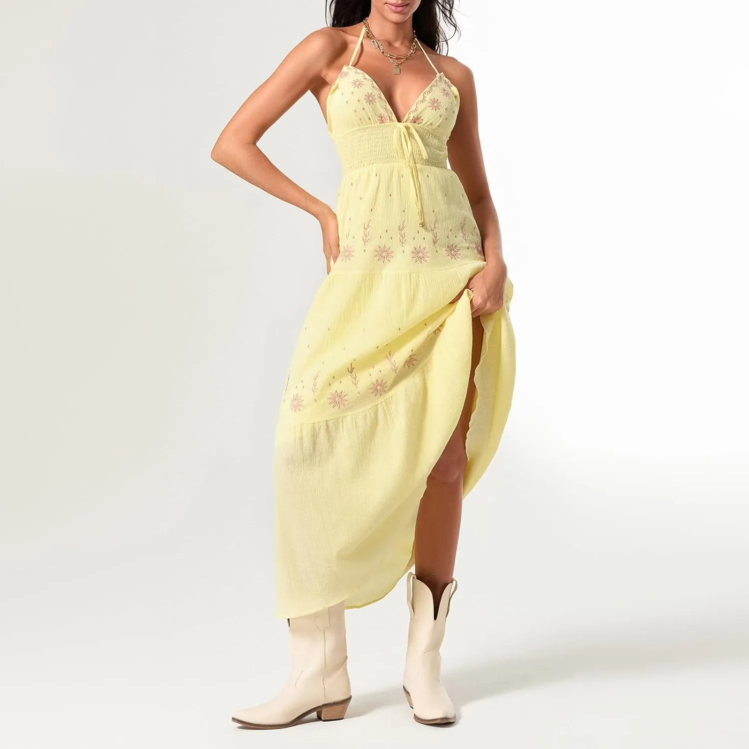 Women Sexy Tie-Up Halter Neck Dress Flower Embroidery Backless Flowy Boho Maxi Dress Tiered Summer Sundress