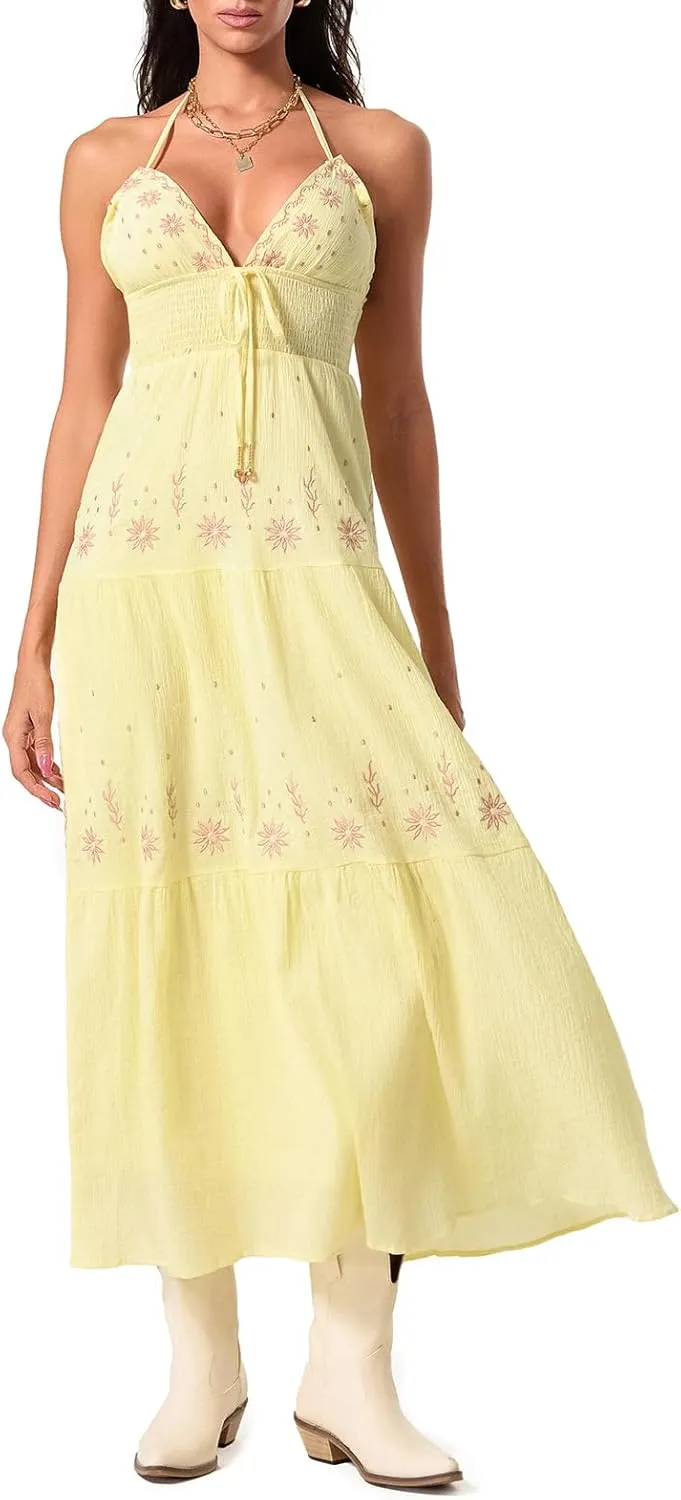 Women Sexy Tie-Up Halter Neck Dress Flower Embroidery Backless Flowy Boho Maxi Dress Tiered Summer Sundress