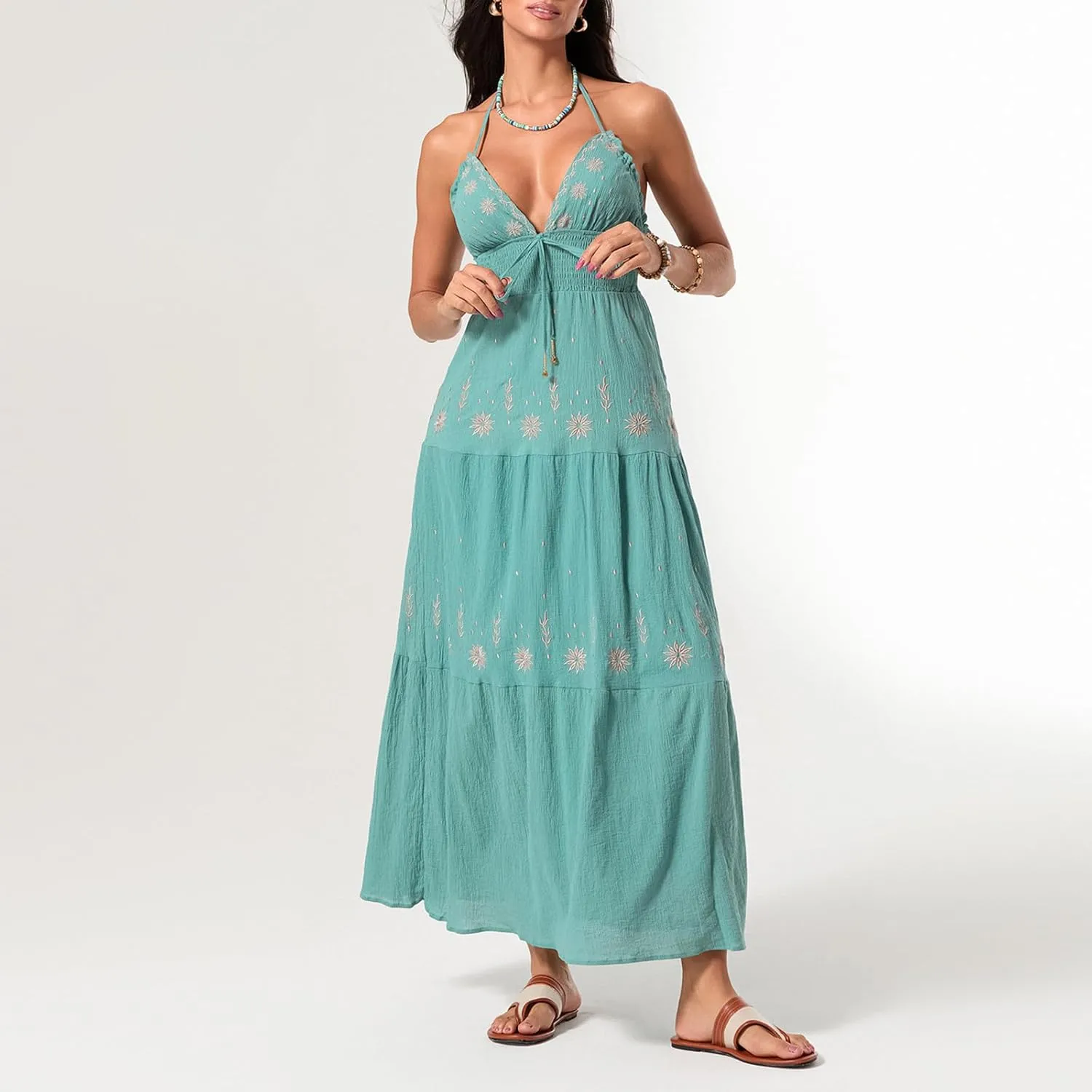 Women Summer Casual Long Flower Embroidery Tie-Up Halter Neck Sleeveless Fashion Backless A-line Dress