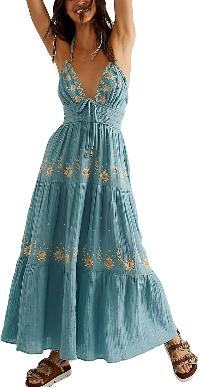 Women Summer Casual Long Flower Embroidery Tie-Up Halter Neck Sleeveless Fashion Backless A-line Dress