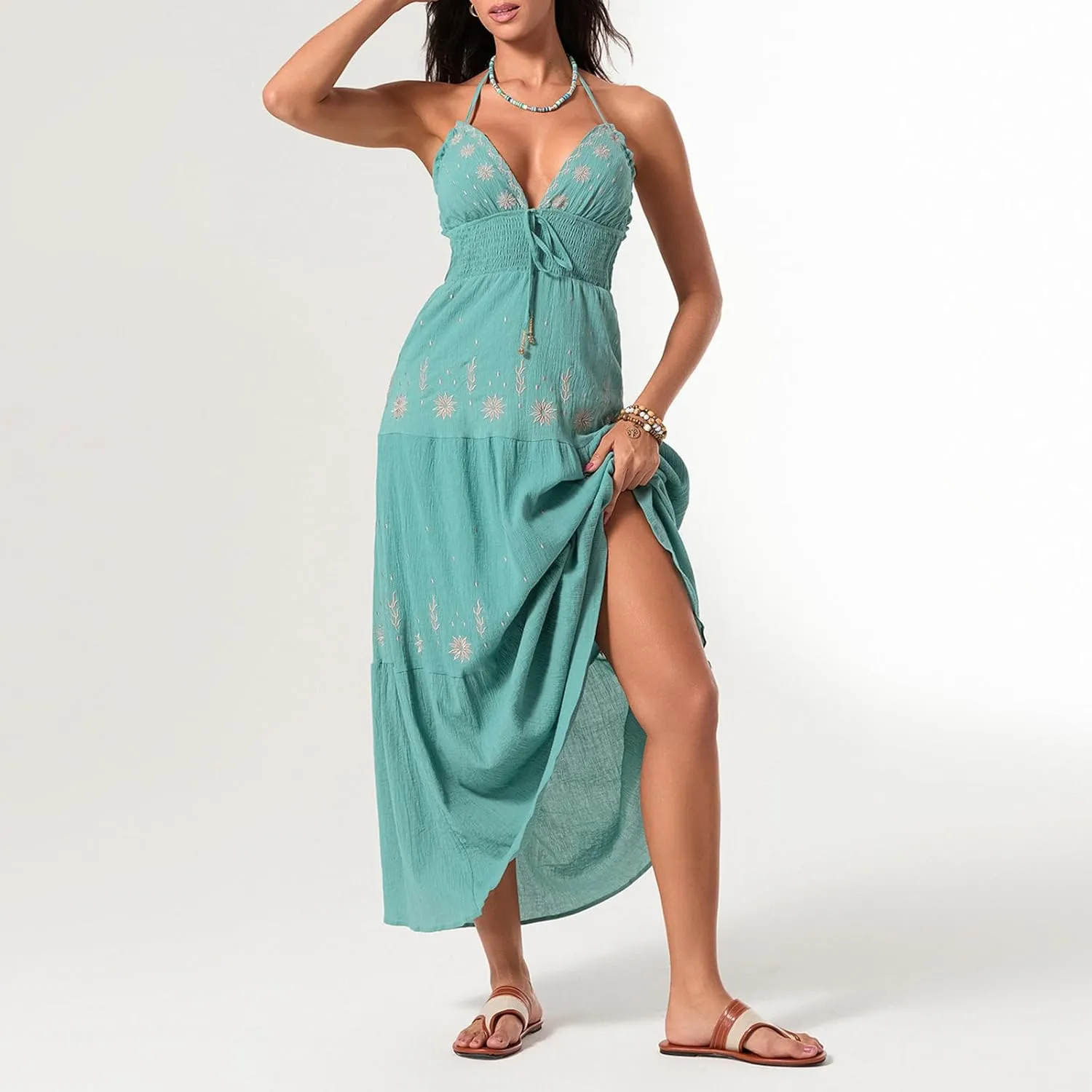 Women Summer Casual Long Flower Embroidery Tie-Up Halter Neck Sleeveless Fashion Backless A-line Dress
