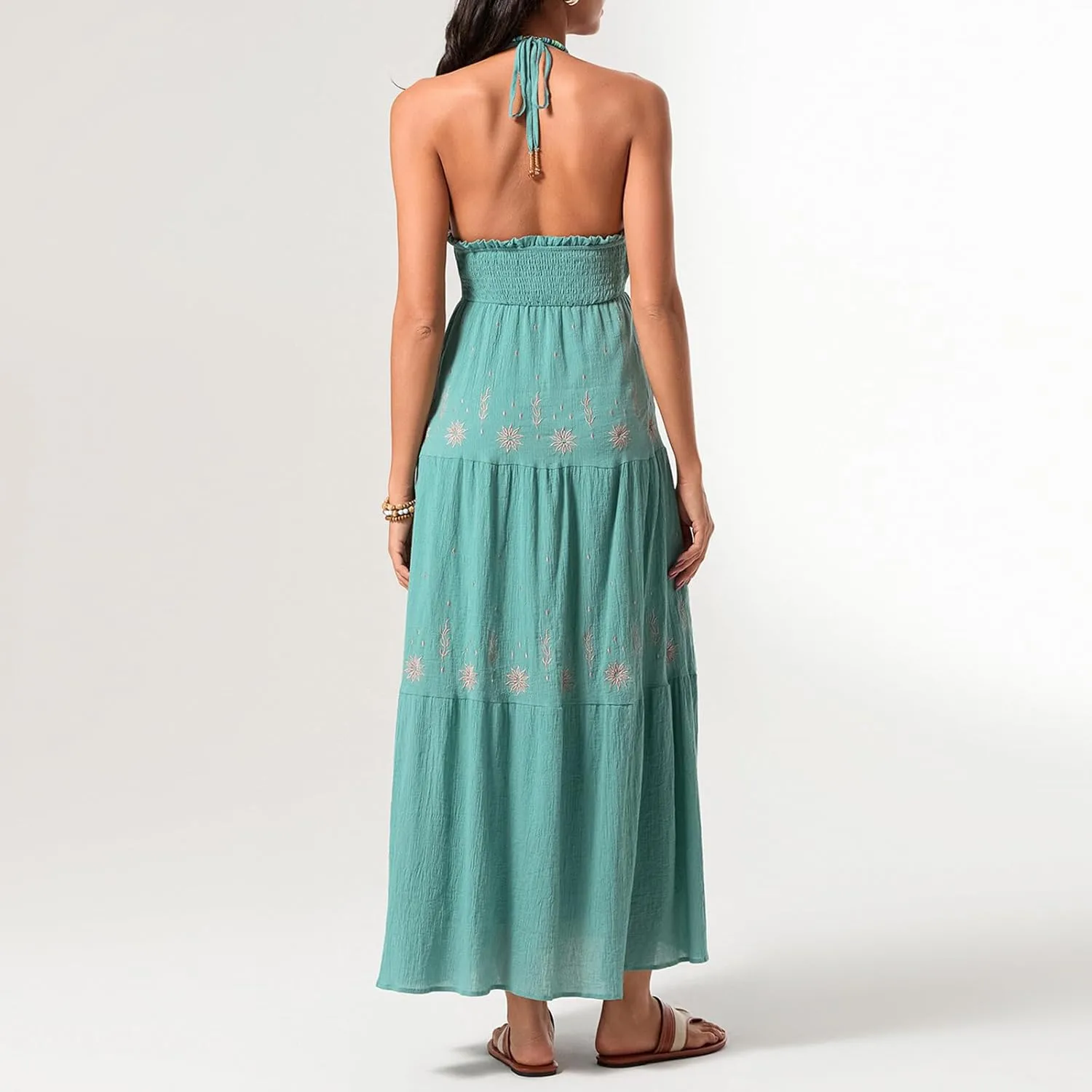 Women Summer Casual Long Flower Embroidery Tie-Up Halter Neck Sleeveless Fashion Backless A-line Dress