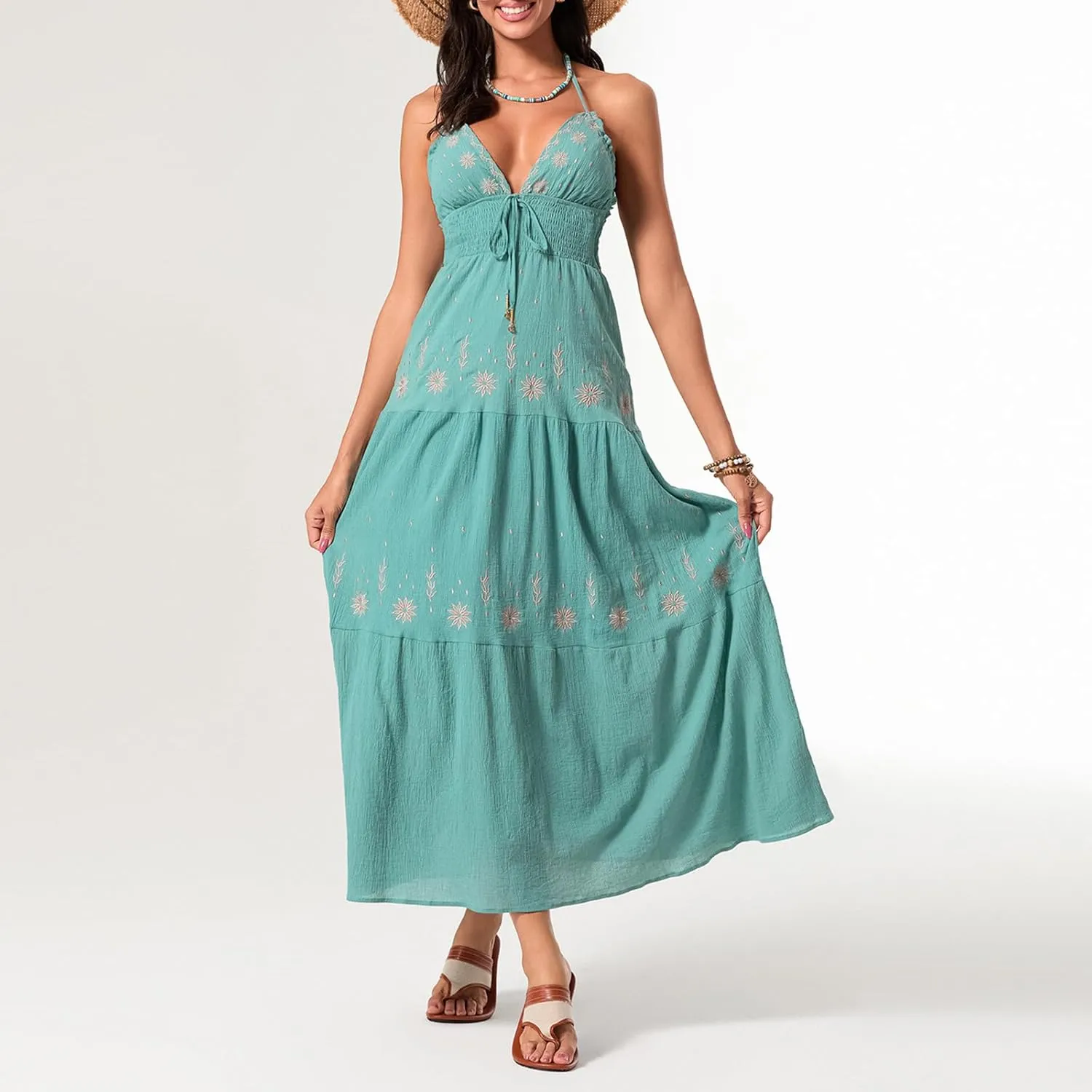 Women Summer Casual Long Flower Embroidery Tie-Up Halter Neck Sleeveless Fashion Backless A-line Dress