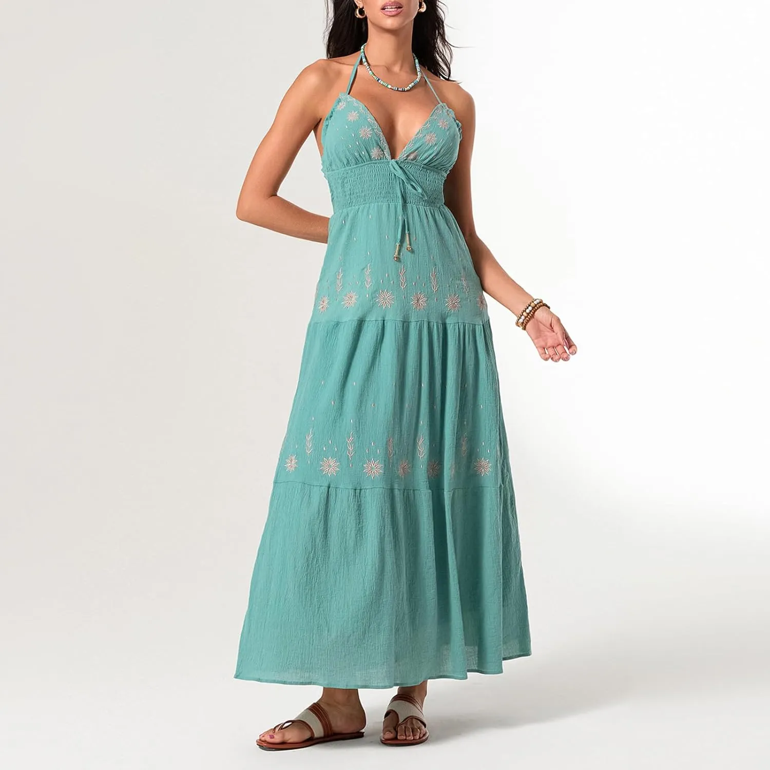 Women Summer Casual Long Flower Embroidery Tie-Up Halter Neck Sleeveless Fashion Backless A-line Dress