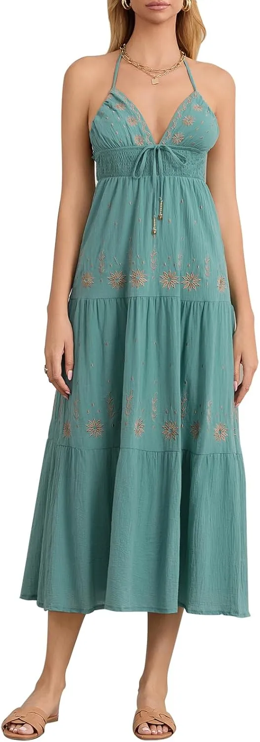 Women Summer Casual Long Flower Embroidery Tie-Up Halter Neck Sleeveless Fashion Backless A-line Dress