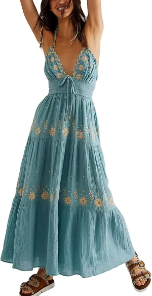Women Summer Casual Long Flower Embroidery Tie-Up Halter Neck Sleeveless Fashion Backless A-line Dress