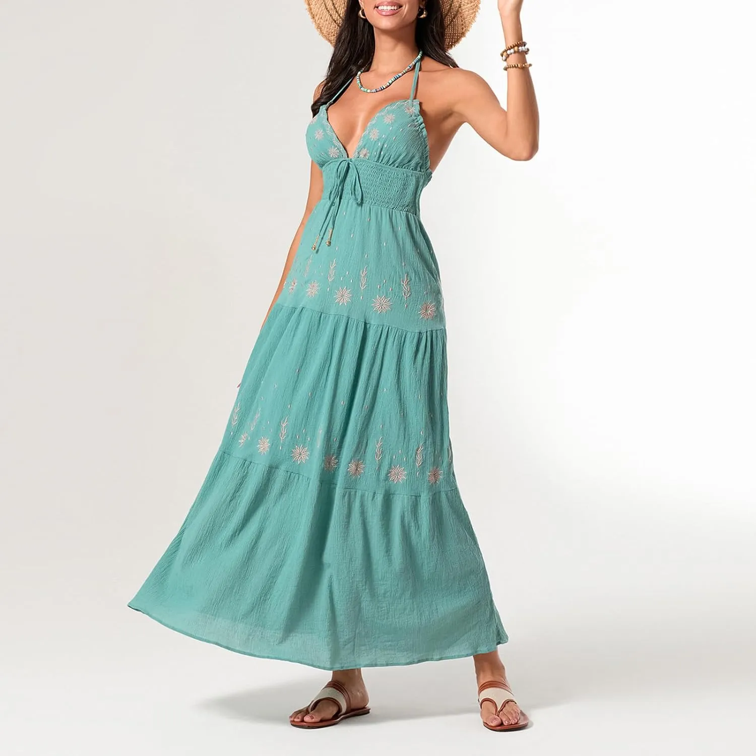 Women Summer Casual Long Flower Embroidery Tie-Up Halter Neck Sleeveless Fashion Backless A-line Dress