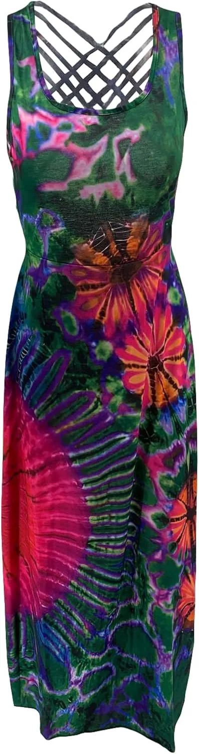 Women Summer Casual Long Tie-Dye Print U-Neck Sleeveless Fashion Cross Backless Dress