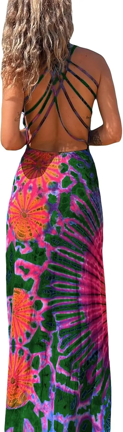 Women Summer Casual Long Tie-Dye Print U-Neck Sleeveless Fashion Cross Backless Dress