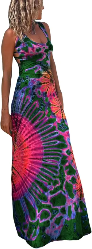 Women Summer Casual Long Tie-Dye Print U-Neck Sleeveless Fashion Cross Backless Dress