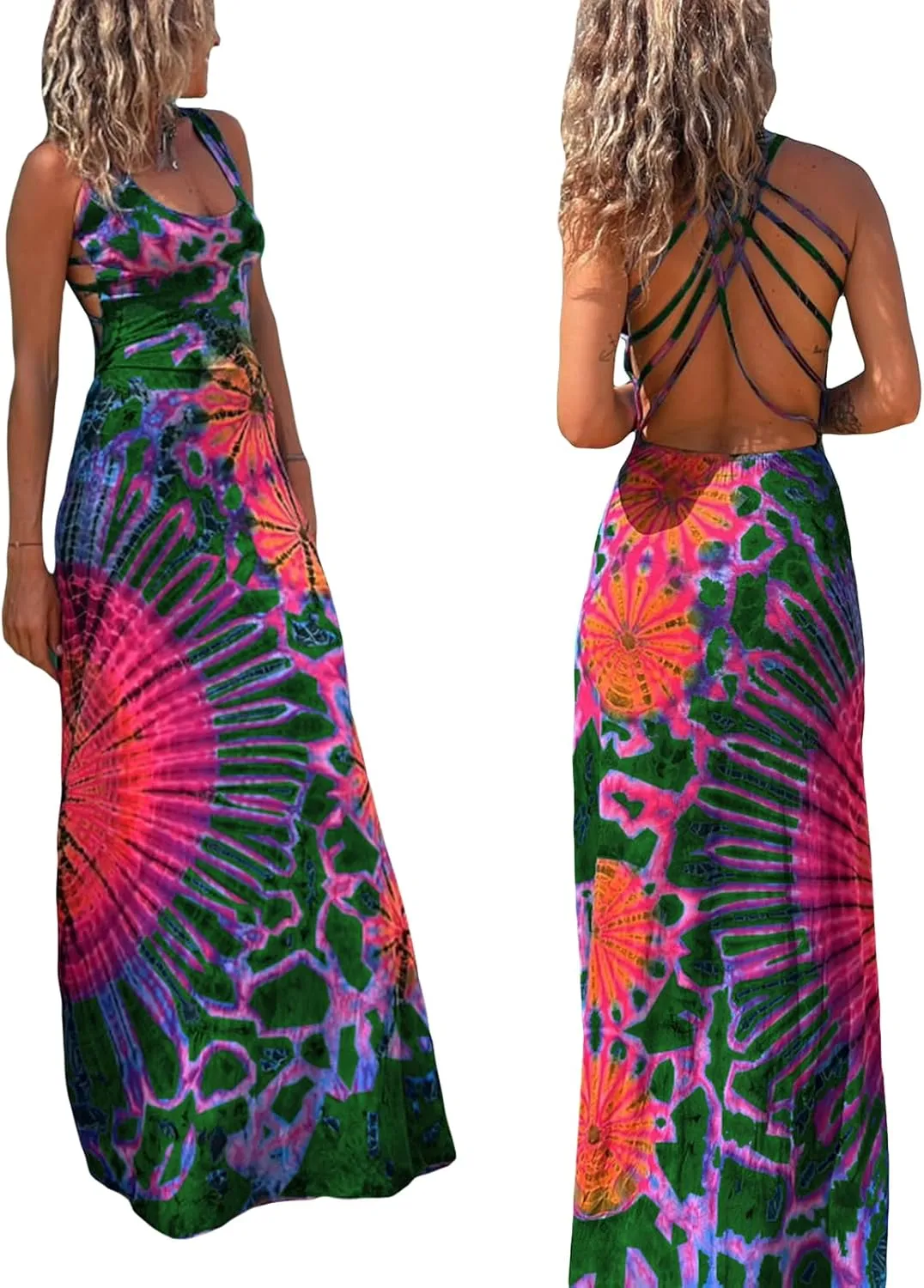 Women Summer Casual Long Tie-Dye Print U-Neck Sleeveless Fashion Cross Backless Dress