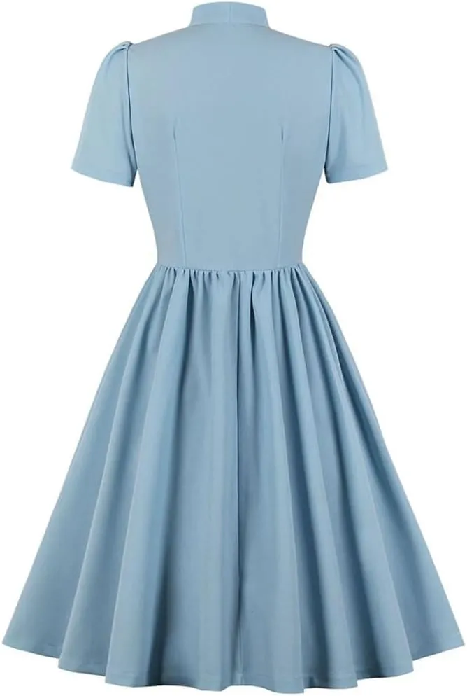 Women Vintage Style Pleated Dress Bow Tie Neck Button Up Women Elegant Summer Rockabilly Party Dresses
