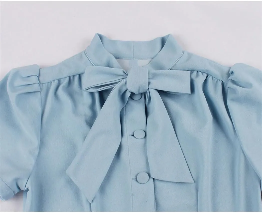 Women Vintage Style Pleated Dress Bow Tie Neck Button Up Women Elegant Summer Rockabilly Party Dresses