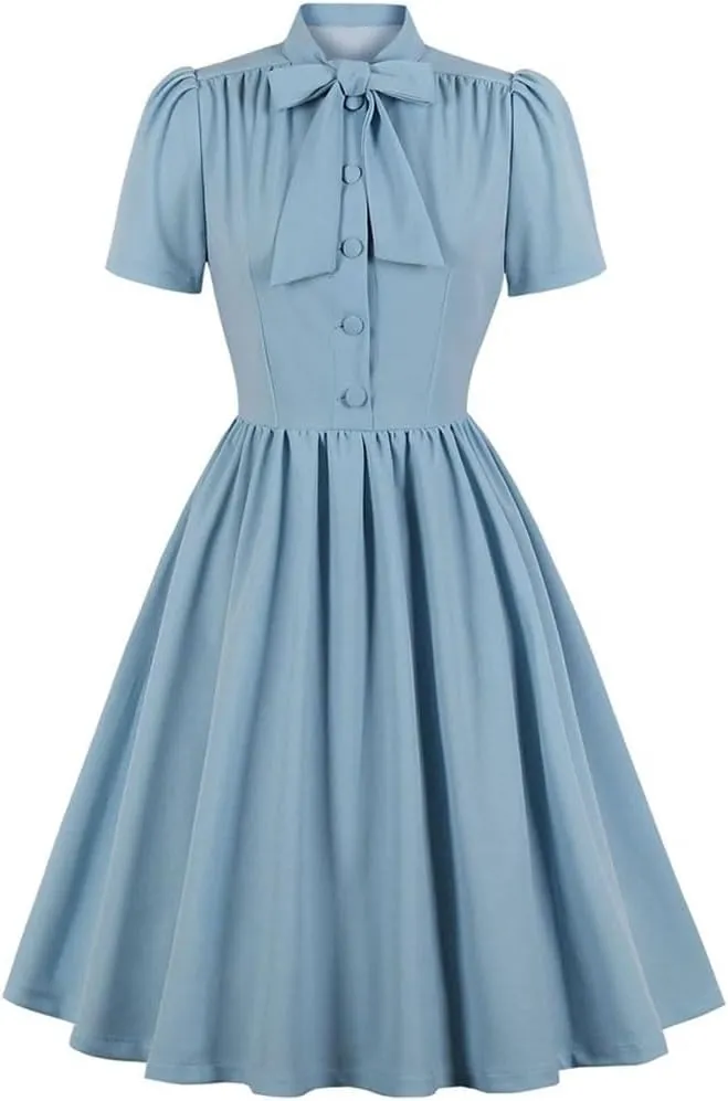 Women Vintage Style Pleated Dress Bow Tie Neck Button Up Women Elegant Summer Rockabilly Party Dresses