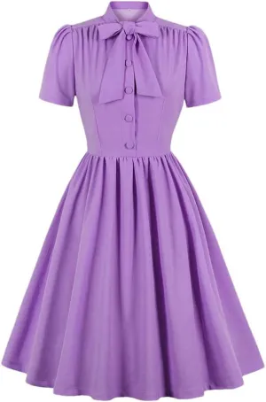 Women Vintage Style Pleated Dress Bow Tie Neck Button Up Women Elegant Summer Rockabilly Party Dresses