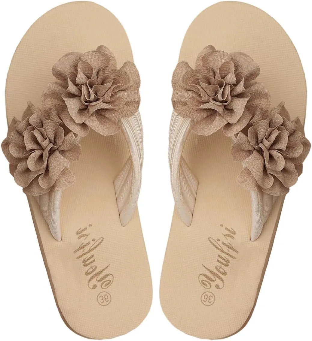 Women's 3D Floral Flip Flops Elegant Appliques Beach Thongs Sandals Summer Flats Shoes
