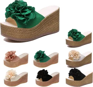 Women's 3D flower woven wedge sandals,summer casual slippers, open-toed sandals,Bohemian casual non-slip comfortable beach fish mouth open-toed beach sandals,formal high-heeled flip-flops