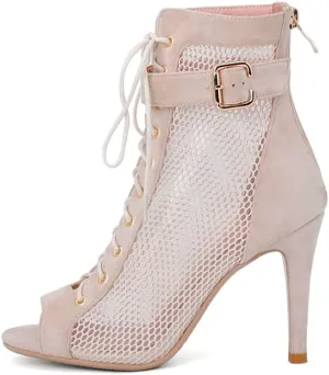 Women's Ballroom Dance Heels Booties Peep Toe Mesh Latin Salsa Dancing Boots with 4 Inch Heels