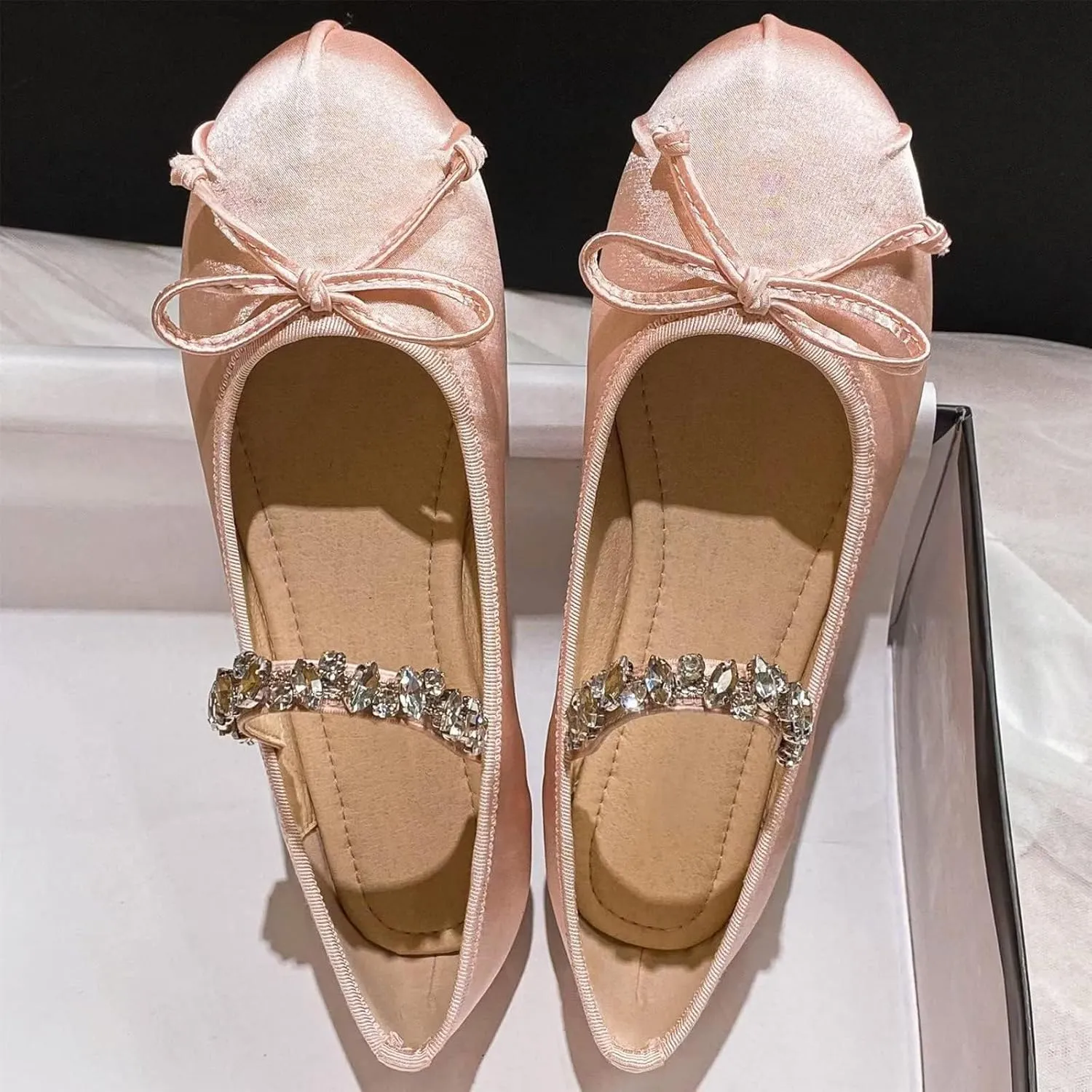 Women's Bow Ballet Flats with Rhinestone Strap Fashion Satin Round Toe Mary Jane Flats Comfortable Casual Dress Ballerina Shoes