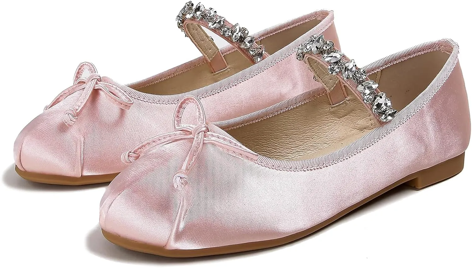 Women's Bow Ballet Flats with Rhinestone Strap Fashion Satin Round Toe Mary Jane Flats Comfortable Casual Dress Ballerina Shoes
