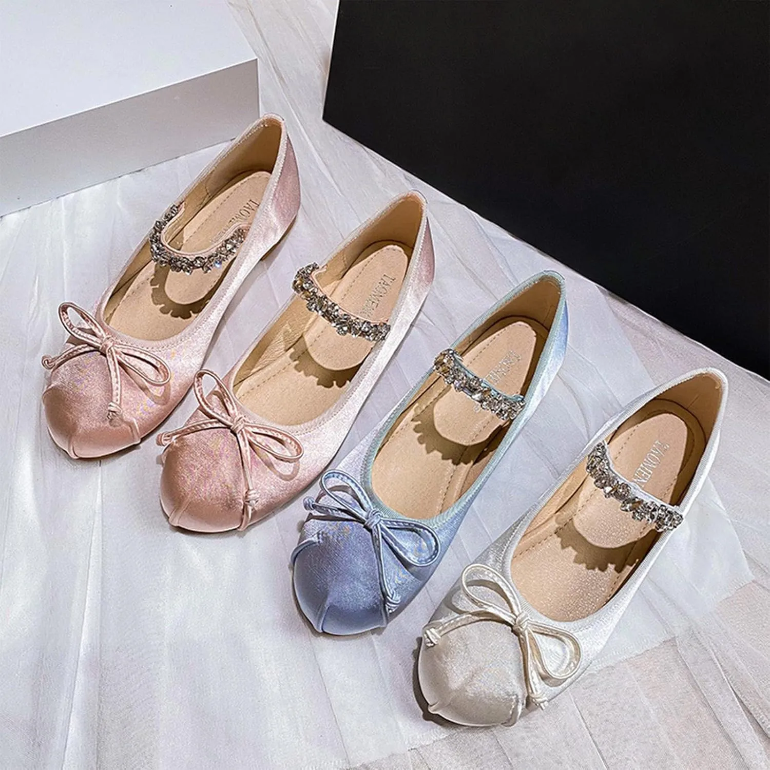 Women's Bow Ballet Flats with Rhinestone Strap Fashion Satin Round Toe Mary Jane Flats Comfortable Casual Dress Ballerina Shoes