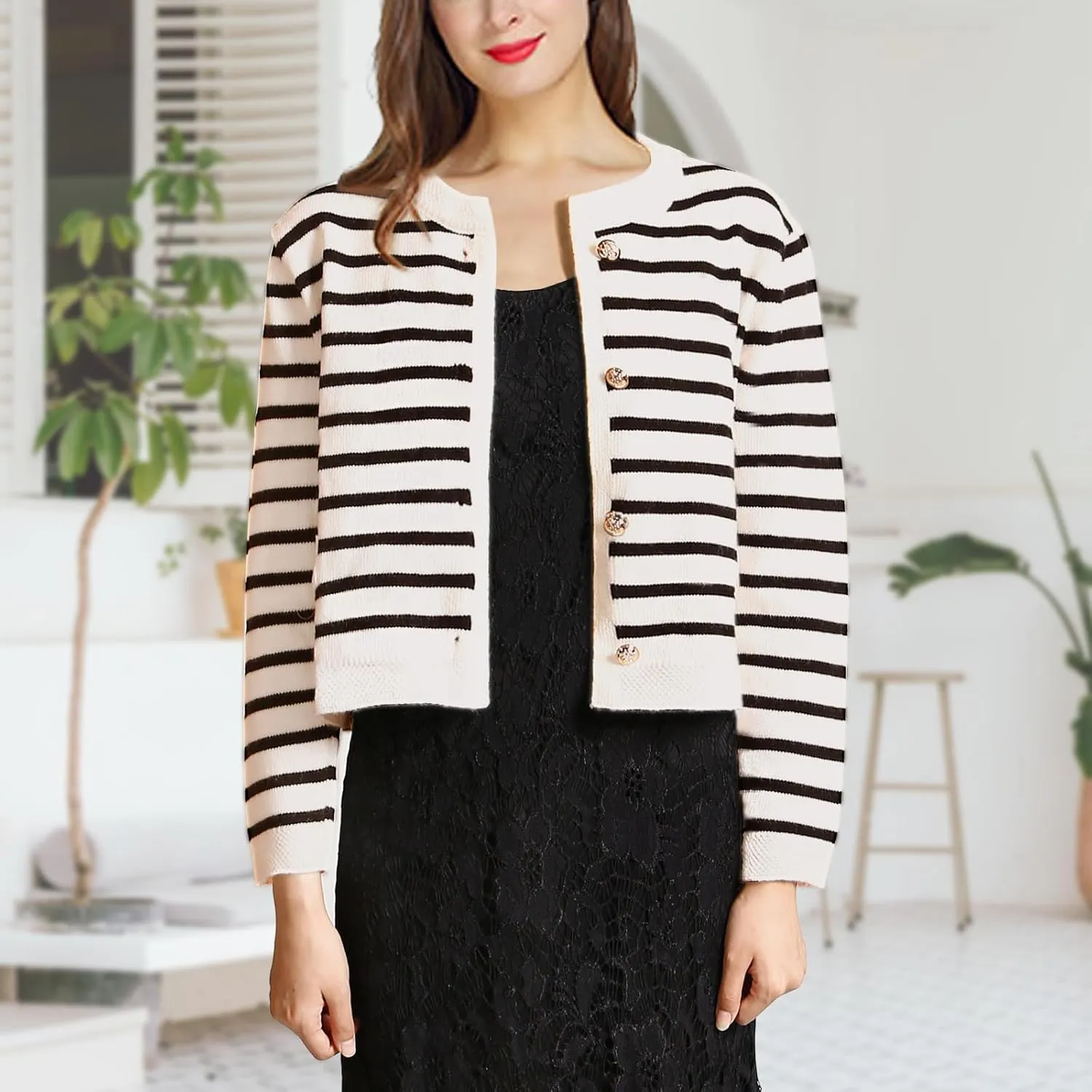 Women's Cardigan Sweaters Casual Striped Cropped Sweater Long Sleeve Ribbed Knit Lady Jacket with Patch Pockets