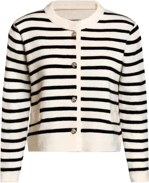 Women's Cardigan Sweaters Casual Striped Cropped Sweater Long Sleeve Ribbed Knit Lady Jacket with Patch Pockets