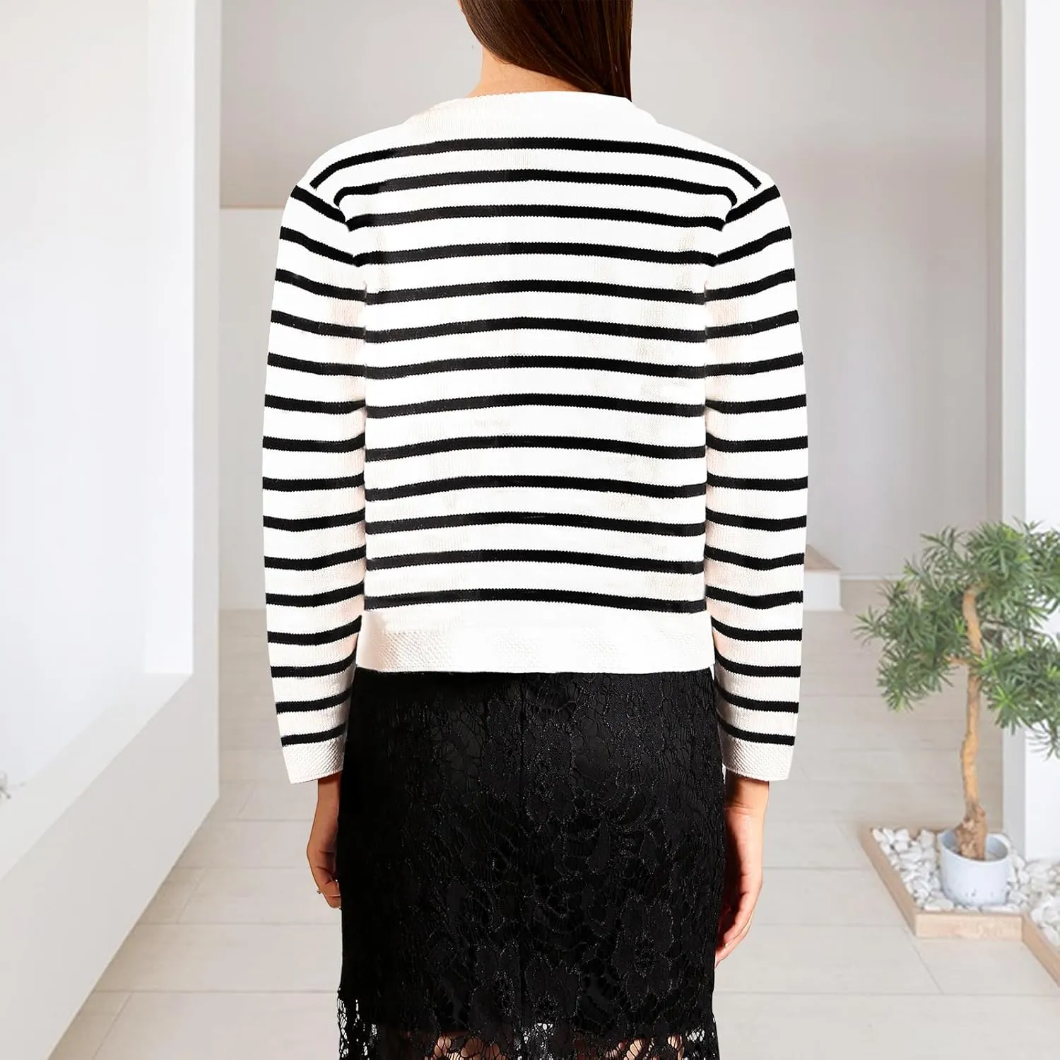 Women's Cardigan Sweaters Casual Striped Cropped Sweater Long Sleeve Ribbed Knit Lady Jacket with Patch Pockets