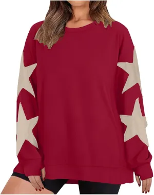 Women's Casual Loose Color Matching Round Neck Long Sleeved T-shirt ，Loose Top Long Sleeved Round Neck Star Tops