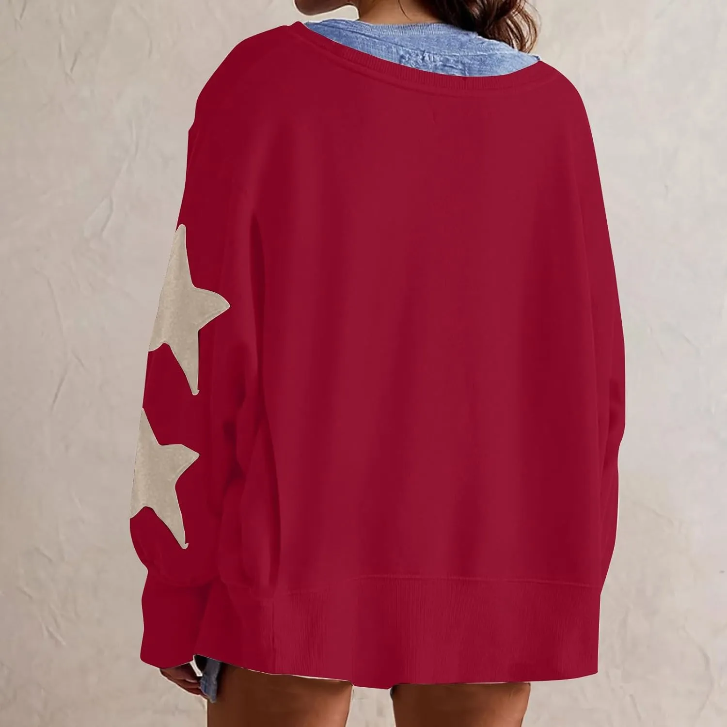 Women's Casual Loose Color Matching Round Neck Long Sleeved T-shirt ，Loose Top Long Sleeved Round Neck Star Tops