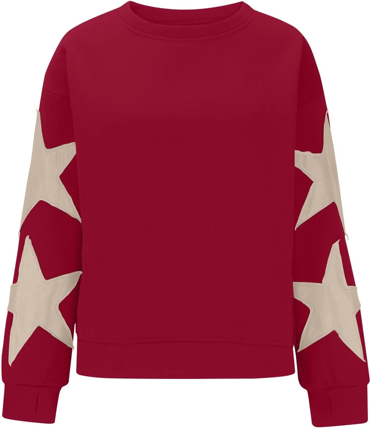Women's Casual Loose Color Matching Round Neck Long Sleeved T-shirt ，Loose Top Long Sleeved Round Neck Star Tops