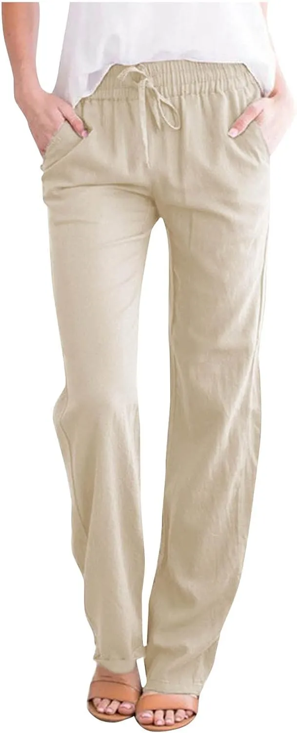 Womens Casual Summer Linen Pants Drawstring Comfy Loose Fit Trousers with Side Pockets Beach Travel Vacation Outfits