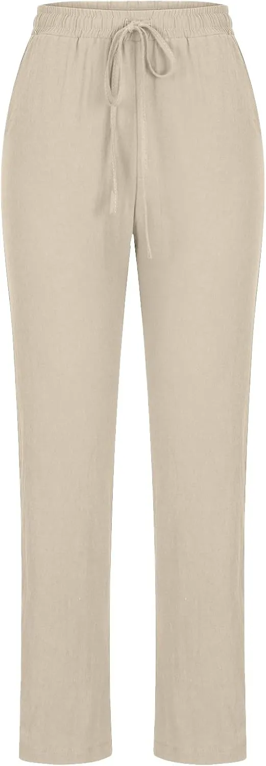 Womens Casual Summer Linen Pants Drawstring Comfy Loose Fit Trousers with Side Pockets Beach Travel Vacation Outfits