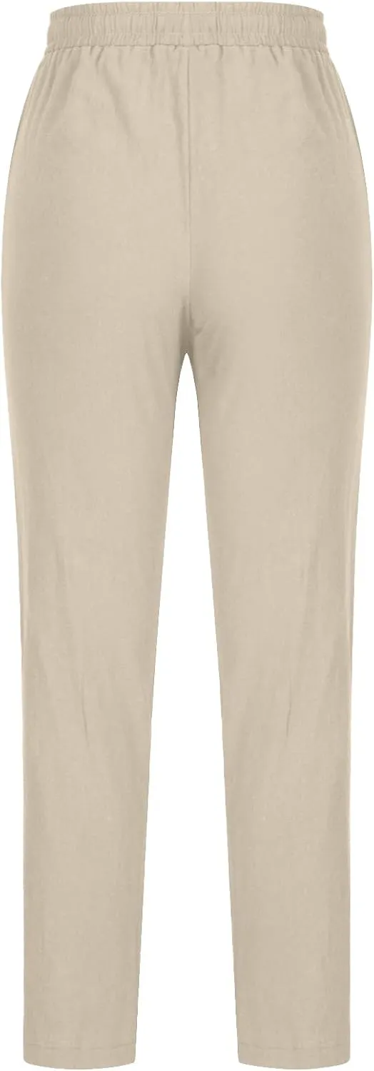 Womens Casual Summer Linen Pants Drawstring Comfy Loose Fit Trousers with Side Pockets Beach Travel Vacation Outfits