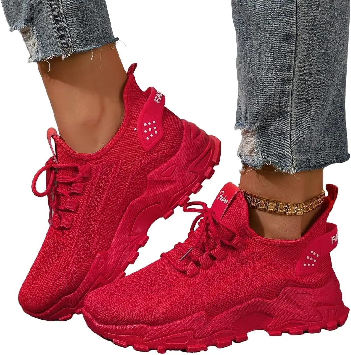 Women's Chunky Knit Sneakers – Breathable Mesh Upper, Comfortable Lace-Up Design, PVC Sole for All-Day Support, White Casual Running Shoes