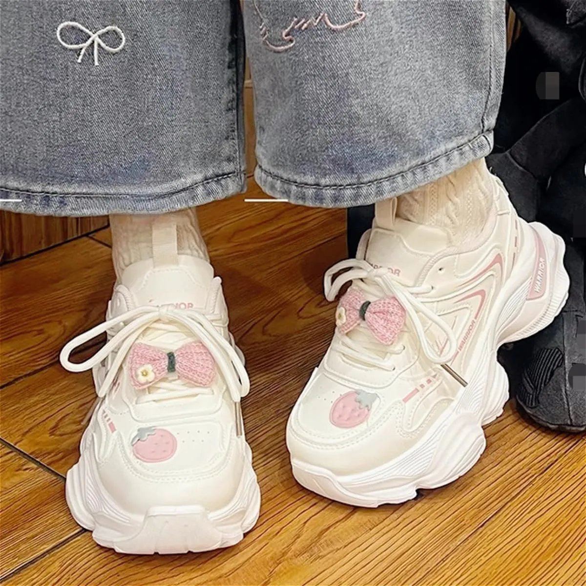 Women's Chunky Platform Sneakers Preppy White with Strawberry Bow Detail Casual Dad Shoes for Streetwear and Travel