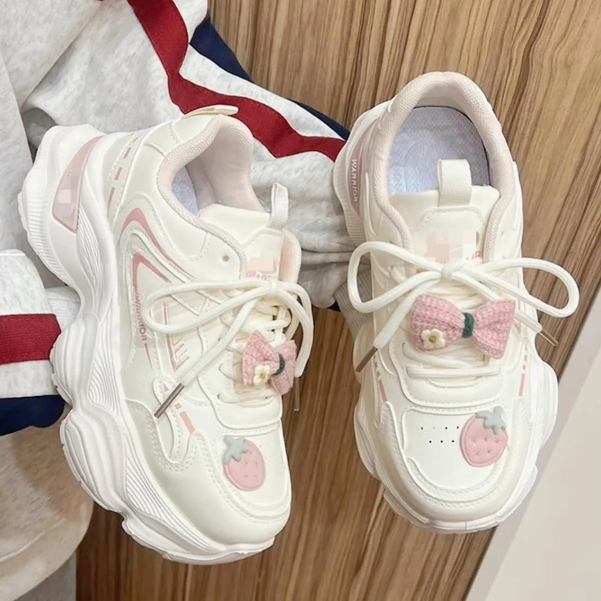 Women's Chunky Platform Sneakers Preppy White with Strawberry Bow Detail Casual Dad Shoes for Streetwear and Travel