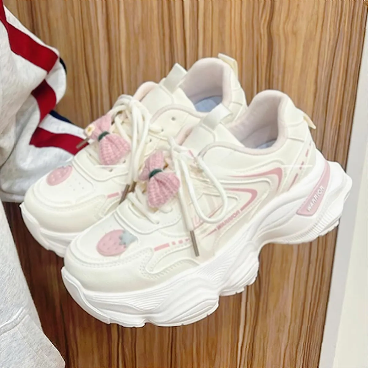 Women's Chunky Platform Sneakers Preppy White with Strawberry Bow Detail Casual Dad Shoes for Streetwear and Travel